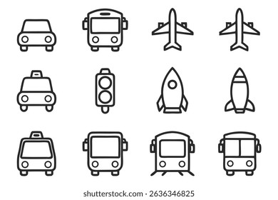 A collection of twelve meticulously crafted transportation icons, featuring diverse modes like cars, trucks, ships, airplanes, and trains, suitable for various design applications.