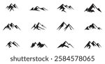 A collection of twelve minimalist black mountain silhouette peak icons varying in style and shape