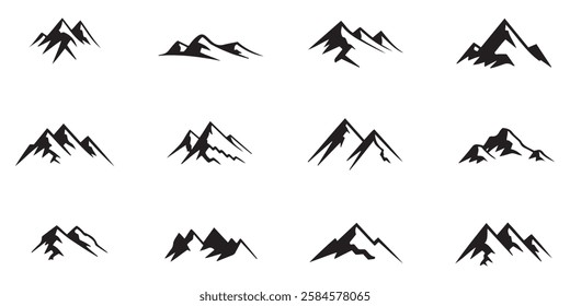 A collection of twelve minimalist black mountain silhouette peak icons varying in style and shape