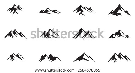 A collection of twelve minimalist black mountain silhouette peak icons varying in style and shape