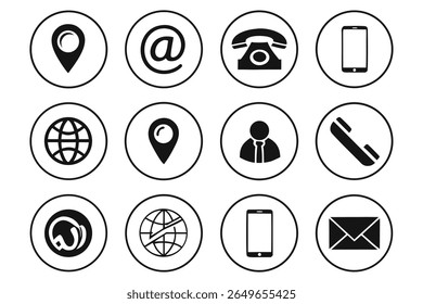 Uma coleção de doze ícones circulares minimalistas em preto e branco representando vários métodos de contato. Os ícones incluem um pino de localização, um símbolo de at, um telefone vintage, um smartphone, um globo, um per