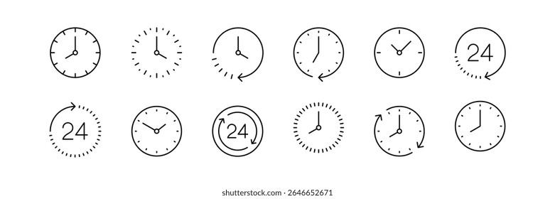 Uma coleção de doze ícones de relógio minimalista, cada um com diferentes configurações de tempo e estilos, incluindo símbolos e setas de 24 horas indicando progressão de tempo.