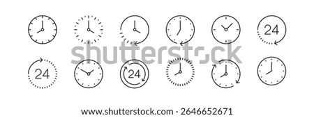 A collection of twelve minimalist clock icons, each with different time settings and styles, including 24-hour symbols and arrows indicating time progression.