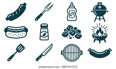 Collection of twelve minimalist flat icons for barbecue and outdoor grilling featuring a kettle grill, sausage, hot dog, charcoal, spatula, fork, knife, sauce bottle, and spices.