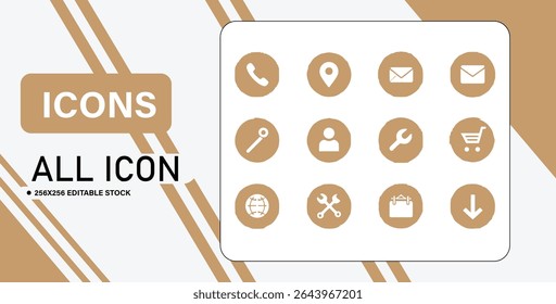 Uma coleção de doze ícones minimalistas em círculos, com contato, localização, e-mail, usuário, carrinho de compras e símbolos de ferramentas.