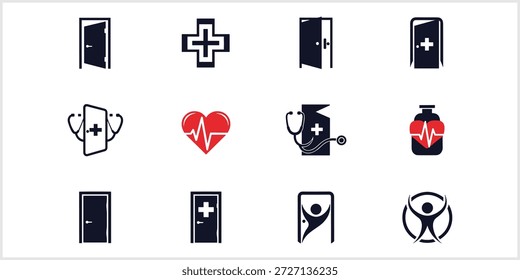 Una colección de doce iconos vectoriales minimalistas que representan varios conceptos de salud, médicos y de bienestar, con símbolos como puertas abiertas y cerradas, cruces médicas, estetoscopios, corazones con líneas de ECG, botellas de medicina y figuras humanas abstractas, todos diseñados para clínicas, hospitales y servicios relacionados con la salud