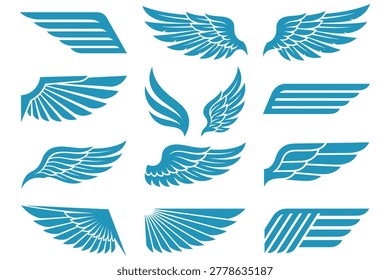 Collection of twelve modern blue-tinted wing icon designs in clean minimalist flat style with varying abstract shapes for aviation branding corporate logo inspiration