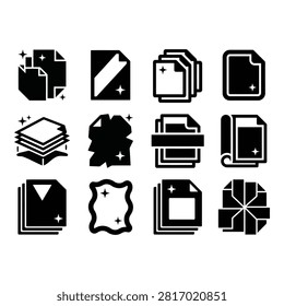 A collection of twelve modern, flatstyle icons depicting various document and file actions, including tearing, printing, and stacking, with subtle sparkle accents.