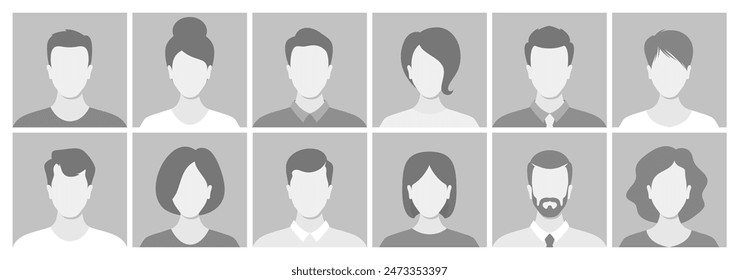 Collection Of Twelve Monochrome Face Placeholders In A Grid Layout. Vector Diverse People Avatars, Social Media Profiles