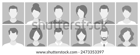 Collection Of Twelve Monochrome Face Placeholders In A Grid Layout. Vector Diverse People Avatars, Social Media Profiles