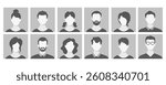 Collection of twelve monochrome faces of men and women with different hairstyles. Vector avatars of different people, social network profiles