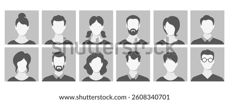 Collection of twelve monochrome faces of men and women with different hairstyles. Vector avatars of different people, social network profiles