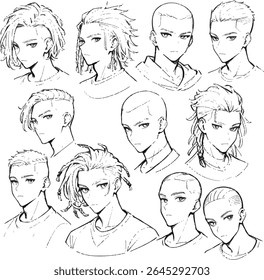 Coleção de Doze Monocromáticos Masculinos Esboços Cabeça, Line Art, Elementos de Design Gráfico