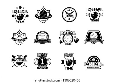 Collection of twelve monochrome Vector Baseball logo and insignias, presented with a set of baseball equipment illustrations