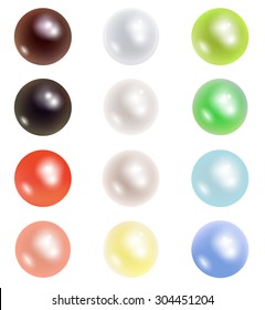 Collection of twelve multi-colored pearls on a white background