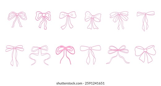 A collection of twelve pink hand-drawn bow illustrations in a minimalistic style. Perfect for decorative, feminine, or vintage-themed designs. Vector illustration