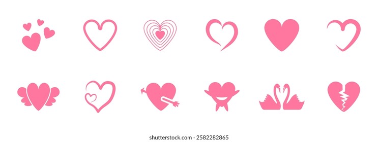 A collection of twelve pink heart icons illustrating different aspects of love and relationships.