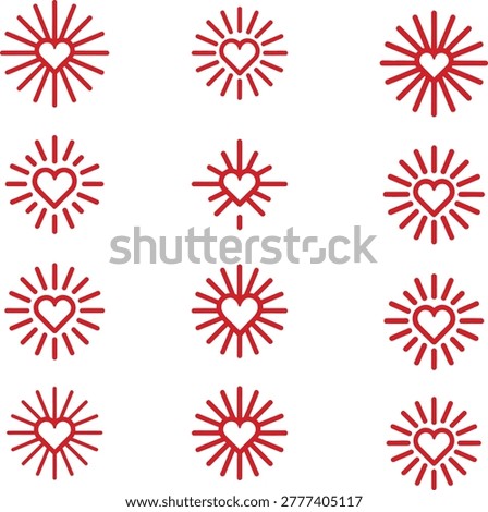 Collection of twelve red heart icons with radiant sunburst and starburst lines in outline style. Symbolizes love, passion, energy, care, charity, and positivity. Clean modern vector design perfect for Valentine’s Day, dating apps, wedding invitations, charity logos, healthcare branding, social campaigns, greeting cards, and romantic designs. Isolated on white background.