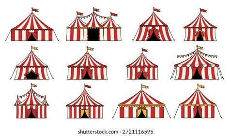 Colección de doce carpas de circo a rayas rojas y blancas en varias Formas y tamaños, decoradas con banderas para un tema festivo de carnaval.