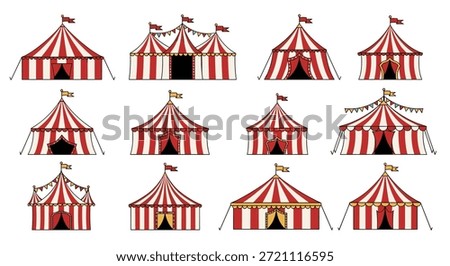 Collection of twelve red and white striped circus tents in various shapes and sizes, decorated with flags for a festive carnival theme.