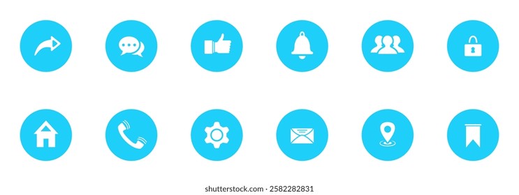 A collection of twelve round, light blue icons depicting common app functions and symbols.