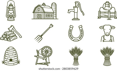 A collection of twelve rustic farm themed line featuring a barn, water pump, lantern, firewood, pitchfork, horseshoe, and wheat