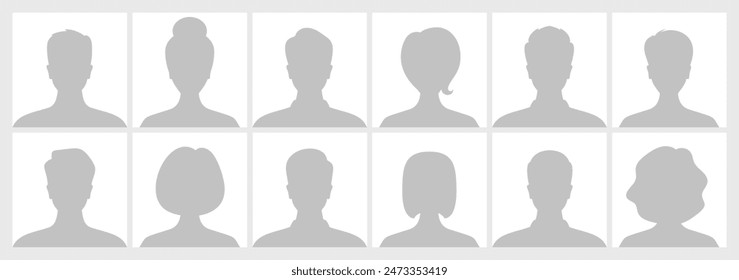 Collection Of Twelve Silhouette Avatars Representing Diverse People In Grayscale. Male And Female Character Shadows