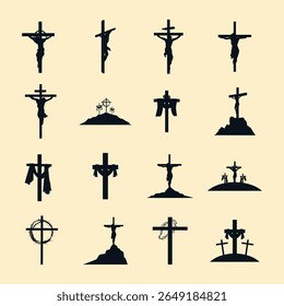 Collection of twelve silhouette illustrations depicting various depictions of crosses and crucifixes. The illustrations include figures of Jesus Christ on crosses, crosses with cloths draped over them