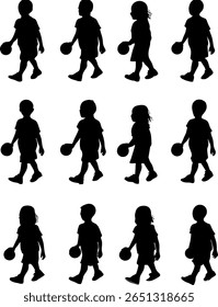 Uma coleção de doze silhuetas de crianças caminhando com bolas de basquete.
