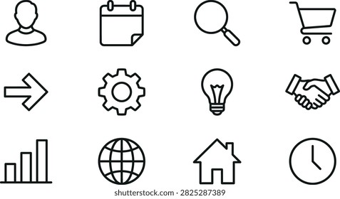 A collection of twelve simple black line art icons representing common user interface elements including user profile, calendar, search, shopping cart, arrow, settings, lightbulb, handshake, bar char.