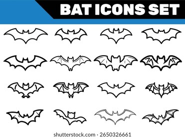 A collection of twelve simple, black line-art bat icons displays different wing shapes and body styles against a clean white backdrop, perfect for spooky themes.