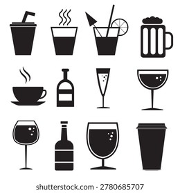 A collection of twelve simple; black silhouette icons representing various drinks and beverages; set against a white background.