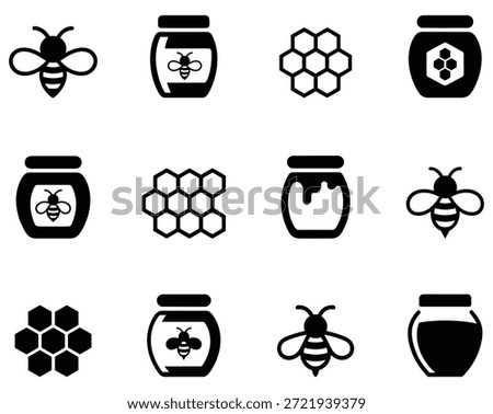 A collection of twelve simple black silhouette icons representing honey, bees, and honeycomb structures, perfect for food or nature design projects.
