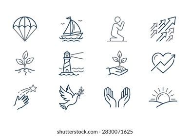 A collection of twelve simple hand drawn line art icons including a parachute sailboat praying person arrows plant lighthouse hand holding plant heart dove hands sun and star