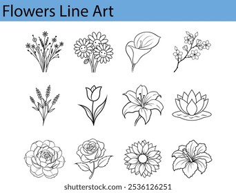 Uma coleção de doze ilustrações de flores de arte em linha simples, incluindo margaridas, lírios, rosas, girassóis e muito mais.  Cada flor é representada num estilo minimalista, 