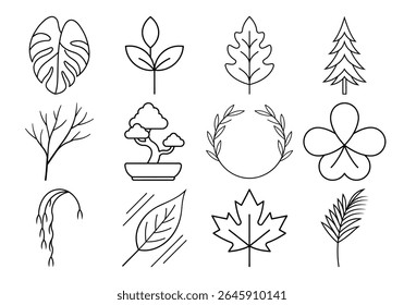 Collection of twelve simple line art botanical illustrations isolated on white background