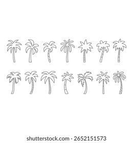 Coleção de Doze Simples Linha Arte Palm Tree Ilustrações Elementos de Design de Férias Tropicais Estilo de Verão Minimalista