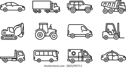 A collection of twelve simple line art icons representing various modes of transportation including cars, trucks, heavy machinery, and emergency vehicles.