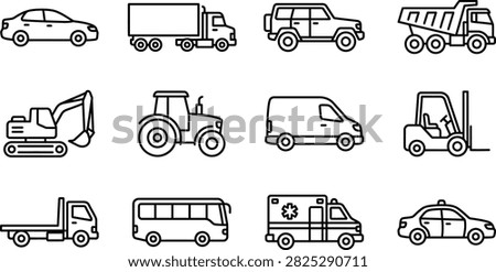 A collection of twelve simple line art icons representing various modes of transportation including cars, trucks, heavy machinery, and emergency vehicles.