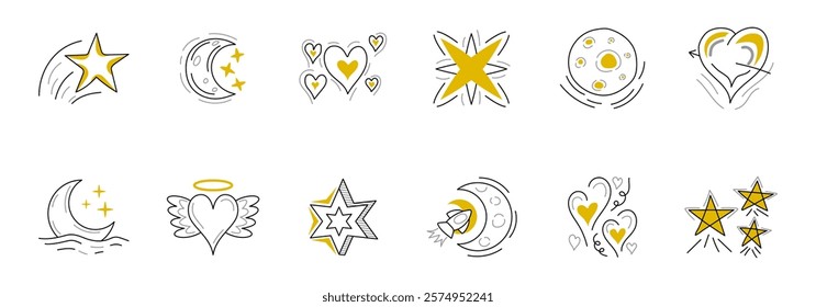 A collection of twelve simple line drawings depicting celestial bodies and hearts in gold and gray.