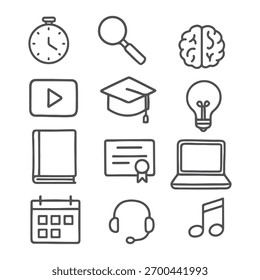 Uma coleção de doze simples ícones de esboço para e-learning, incluindo um cérebro, laptop, tampa de graduação e diploma, isolado em um fundo branco.