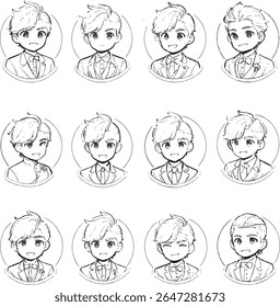 A collection of twelve sketched portraits displaying young men with different hairstyles and formal wear in circles