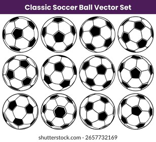Uma coleção de doze bolas de futebol em um padrão contínuo preto e branco repetitivo, perfeito para projetos esportivos, fundos e ilustrações em formato vetorial.