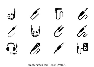 A collection of twelve solid black icons representing various audio cables, jacks, connectors, headphones, and a microphone on a white background.