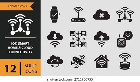 Uma coleção de doze ícones sólidos representando IoT, casa inteligente e conceitos de conectividade em nuvem, apresentados isolados em um fundo branco.