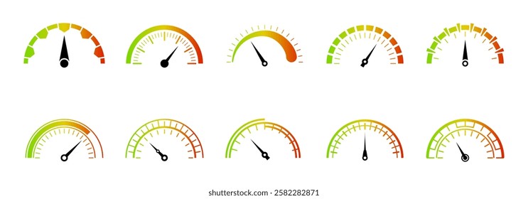 collection of twelve speedometer icons with varying levels of green, yellow, and red color gradients indicating different performance levels.