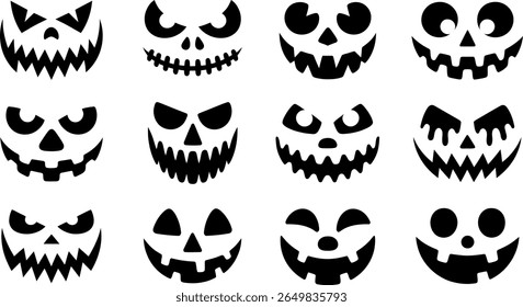 Coleção de doze silhuetas de rosto de abóbora de halloween assustadoras e felizes
