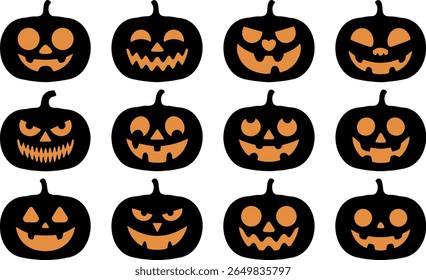 Collection of twelve spooky jack o lantern faces silhouette
