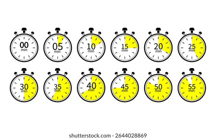 A collection of twelve stopwatch icons, each displaying five-minute intervals from zero to fifty-five minutes.  The design uses yellow and white segments.