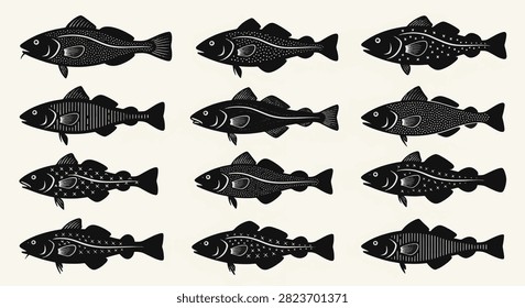 Collection of twelve stylized black cod fish silhouettes with unique white patterns including dots, stripes, and crosshatching on a plain off-white background for graphic design.